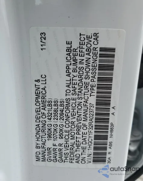 2024 Honda Accord Ex from USA, damaged, VIN 1HGCY1F32RA023737